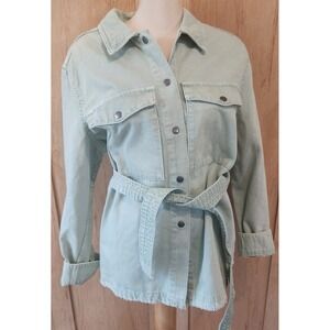 Zara Sage Green Denim Belted Shacket Utility Jacket Frayed Hem XL fits smaller